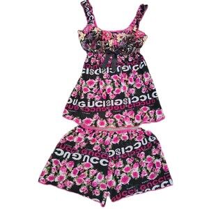 Gucci Camisole Set Monogram GG Logo's Embroidered Floral Blend Silk Sheer...